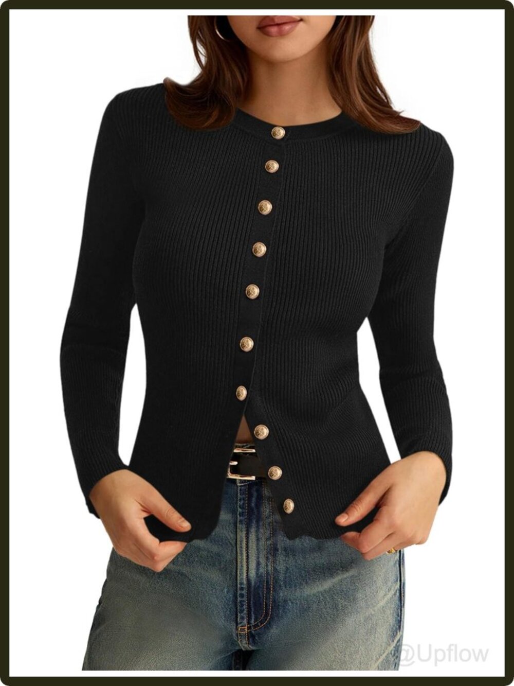 Women's Ribbed Knit Button Down Crewneck Lightweight Cardigan Sweater Fall